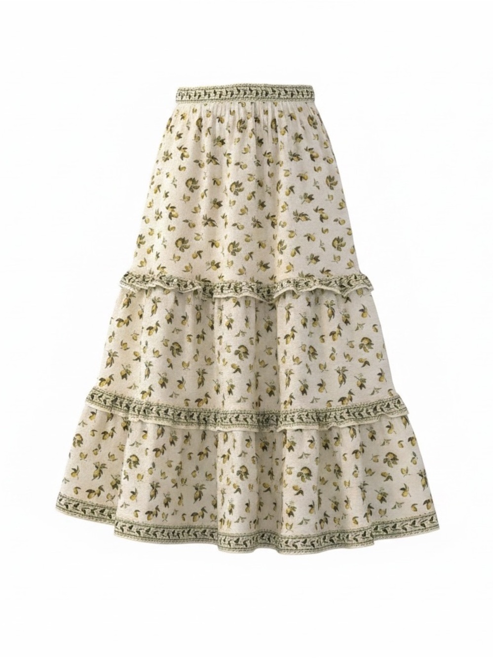 MAX STUDIO London Lemon Citrus Tiered Boho Maxi Skirt XL Coastal Grandma Vibe